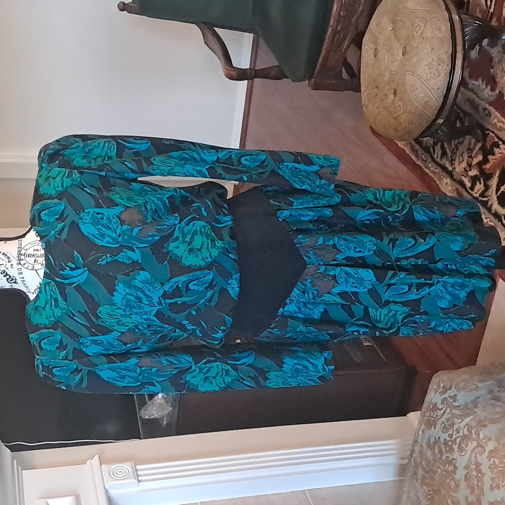 Vintage Kay Unger Teal and Black Silk Dress
